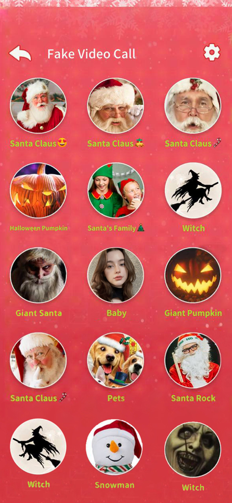 Call Santa Claus - Prank Call - Character selection screen for simulated video calls featuring various Santa and holiday characters
