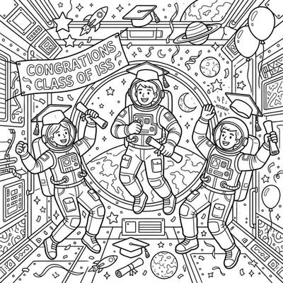 Join an out-of-this-world celebration with our ISS Astronauts Graduation coloring page! Featuring smiling astronauts in their spacesuits and academic caps, this design perfectly captures the joy of achieving dreams among the stars.