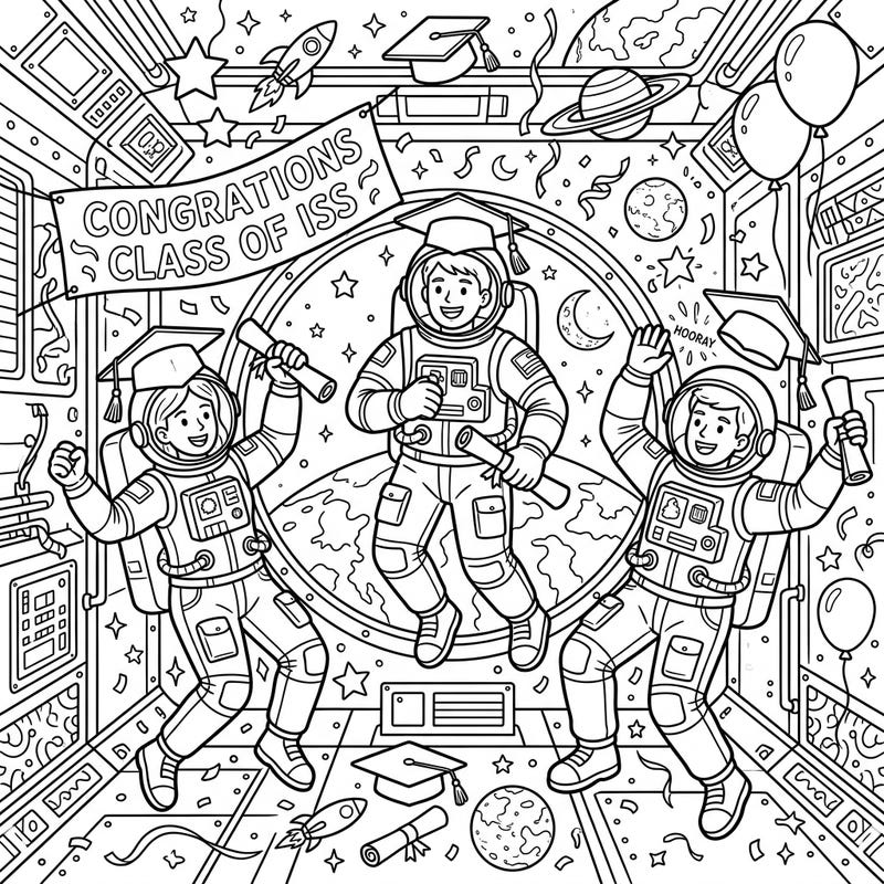 Join an out-of-this-world celebration with our ISS Astronauts Graduation coloring page! Featuring smiling astronauts in their spacesuits and academic caps, this design perfectly captures the joy of achieving dreams among the stars.