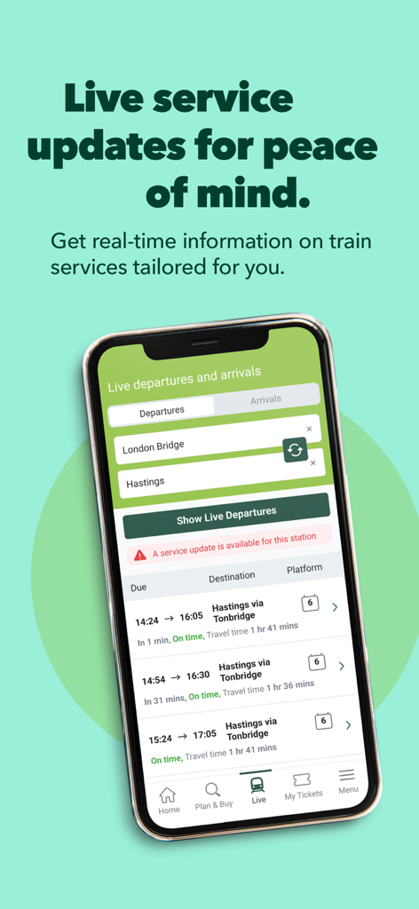 Southern Railway mobile app screen displaying live train departures and arrivals between London Bridge and Hastings stations