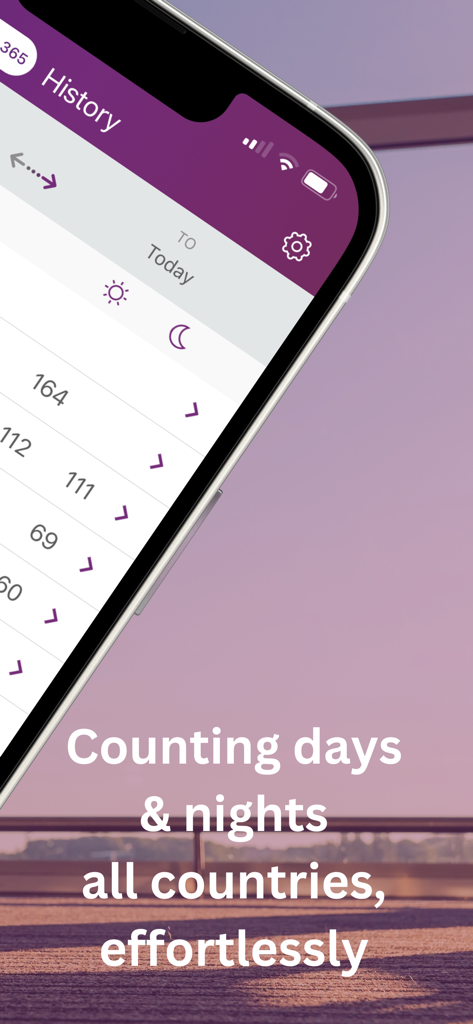 TrackingDays - TrackingDays app history screen displaying automatic day and night counts across different countries for residency tracking