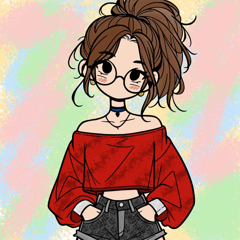 girl with a messy ponytail glasses a baggy crop top and jean shorts
