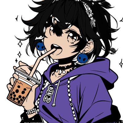 hot baddie anime girl drinking boba and biting the straw