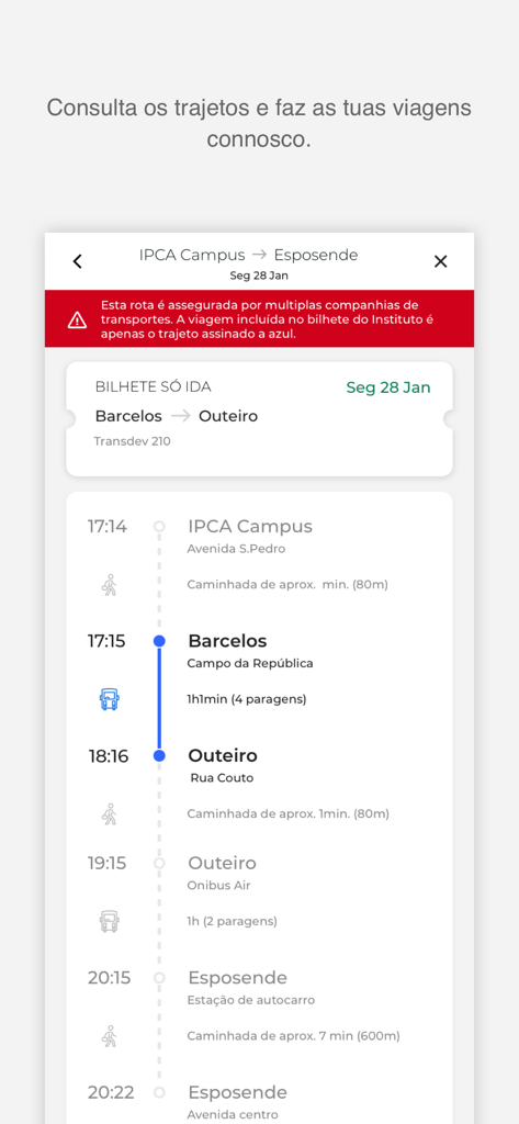 Plataforma sasocial - Mobile app interface showing a detailed bus transportation schedule and route from IPCA Campus to Esposende with walking and transit times
