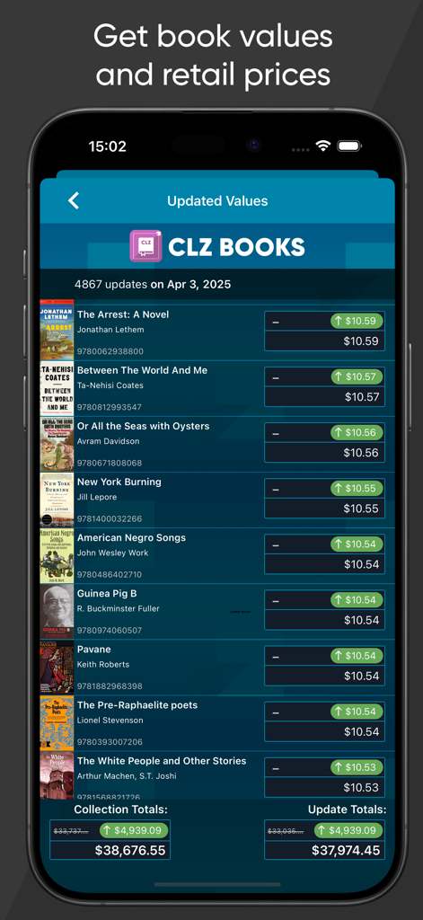 CLZ Books - library organizer - a list of books showing current market values and collection totals in the clz books app