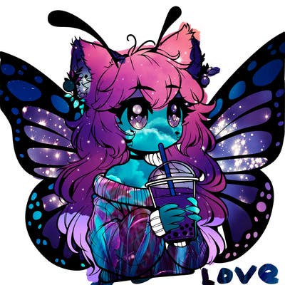a realistic butterfly/furry girl drinking boba