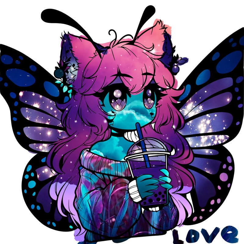 a realistic butterfly/furry girl drinking boba