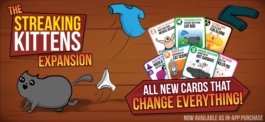 Streaking Kittens expansion pack for the Exploding Kittens mobile game showing new cards and characters.
