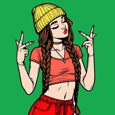 realistic teenage girl with braids and a beanie and crop top doing 🫶🏼