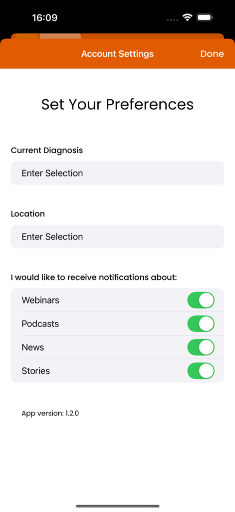BCAN Bladder Cancer App - Account settings screen for the BCAN Bladder Cancer App where users can set preferences and notifications.