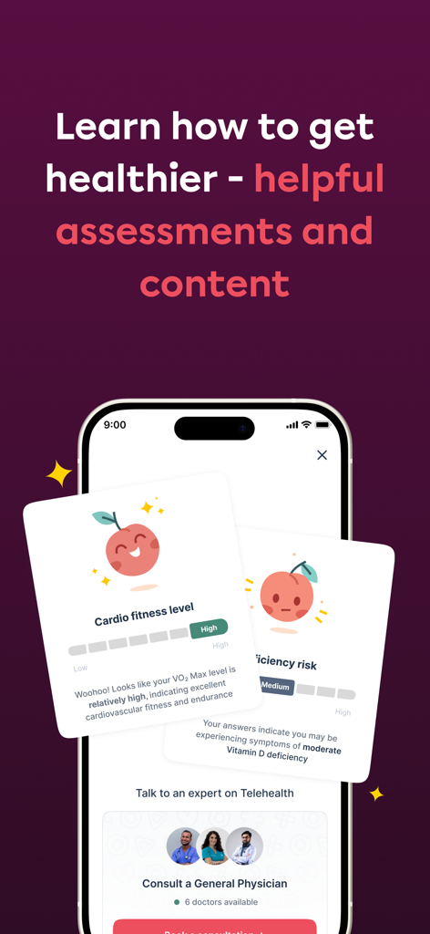 Plum: Health Benefits - Mobile app screen showing health assessments and telehealth consultation