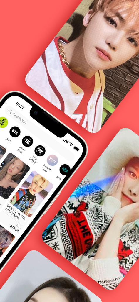 Pocamarket: Get Kpop Photocard - Interface do aplicativo móvel Pocamarket exibindo listagens de photocards de Kpop e categorias de grupos como BTS e Stray Kids