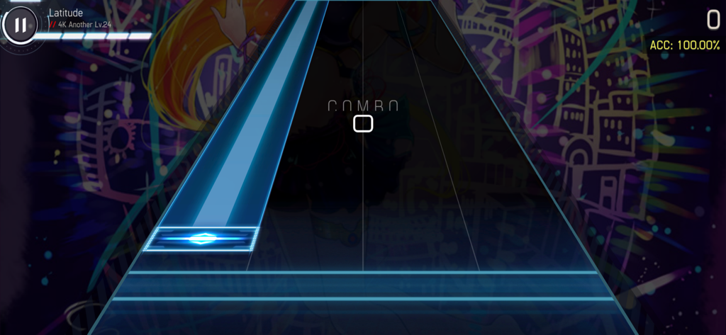 Malody V - Gameplay screenshot of Malody V rhythm game featuring 4-key mode and accuracy tracker