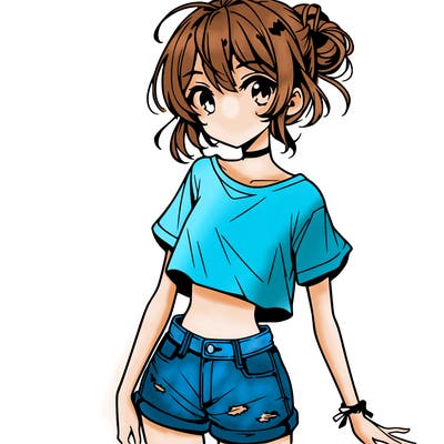 anime girl with crop top and jean shorts
