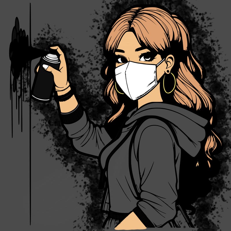 realistic girl with mask spray painting a wall