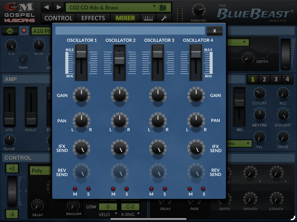 BlueBeast - Yamaha EX5 Library - Interfaz de la aplicación BlueBeast mostrando el mezclador de cuatro osciladores con faders y perillas de control.
