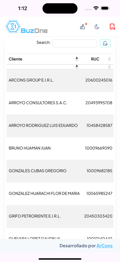 Buzone - Interfaz de la aplicación móvil Buzone que muestra una lista de clientes para buscar y sus números de identificación fiscal RUC peruanos.