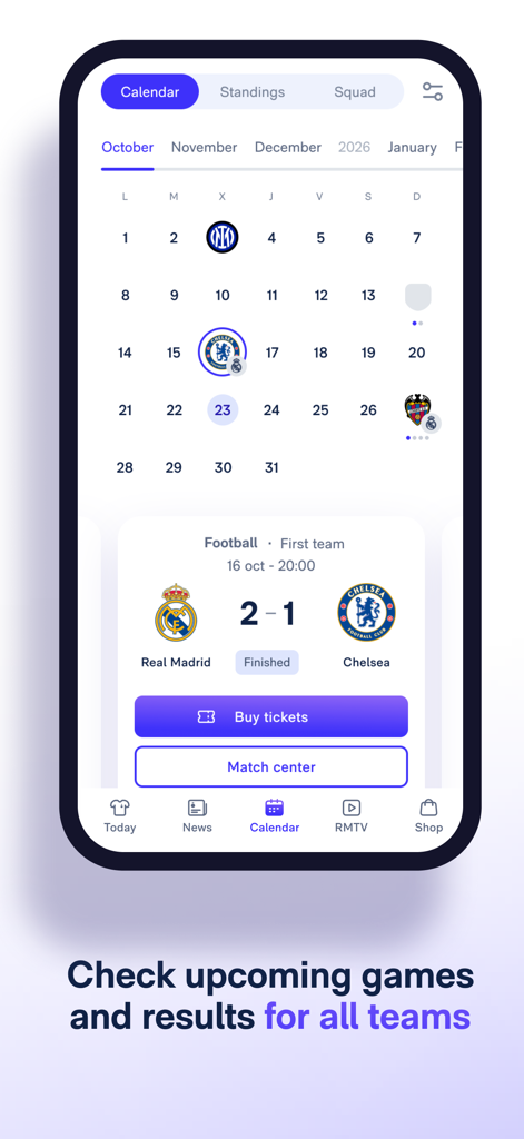 Real Madrid - Écran de l'application mobile Real Madrid montrant le calendrier des matchs et les résultats de football.