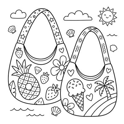 Get ready for a sun-sational coloring adventure with these adorable hobo bags, bursting with summer fun! Perfect for young artists, this page features playful designs like pineapples, ice cream, and beach scenes to spark creativity.