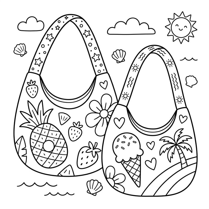 Get ready for a sun-sational coloring adventure with these adorable hobo bags, bursting with summer fun! Perfect for young artists, this page features playful designs like pineapples, ice cream, and beach scenes to spark creativity.