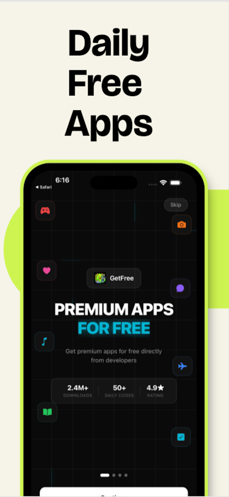 GetFree mobile app screen showing daily premium apps available for free from indie developers