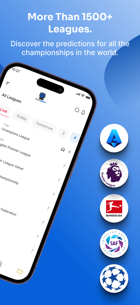 Predibets: Betting Predictions - Smartphone screen of Predibets app showing football league coverage from around the world