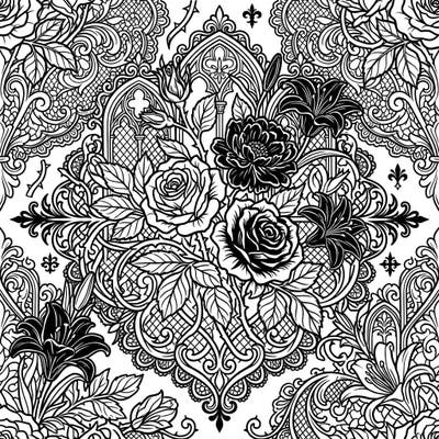 Dive into a world of dark elegance with this captivating Gothic floral pattern coloring page. Featuring a rich tapestry of roses, lilies, and intricate Victorian-inspired lace, it offers a sophisticated coloring experience.