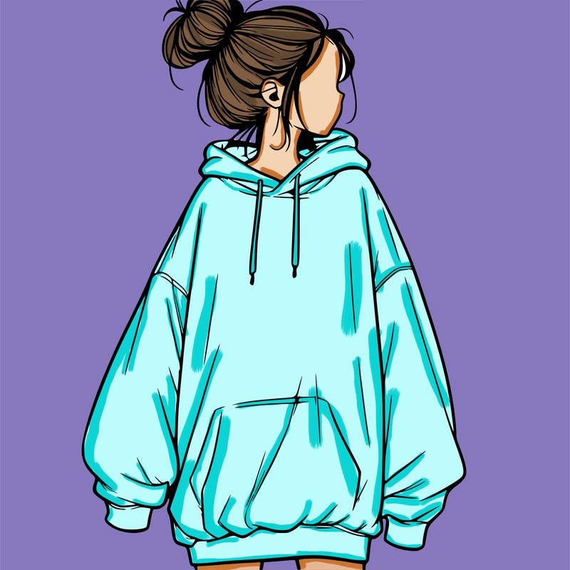 realistic girl with a oversized sweatshirt on and a bun
