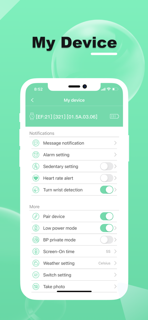 H Band Lite - H Band Lite app My Device settings screen displaying notification and wearable management options.