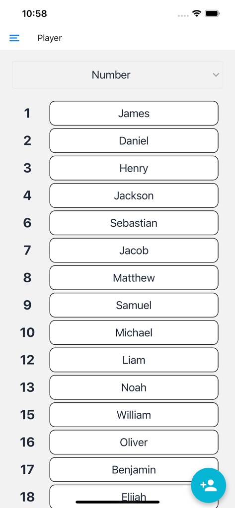 Baseball Lineup Cards - Digital roster showing a list of baseball players with their jersey numbers.