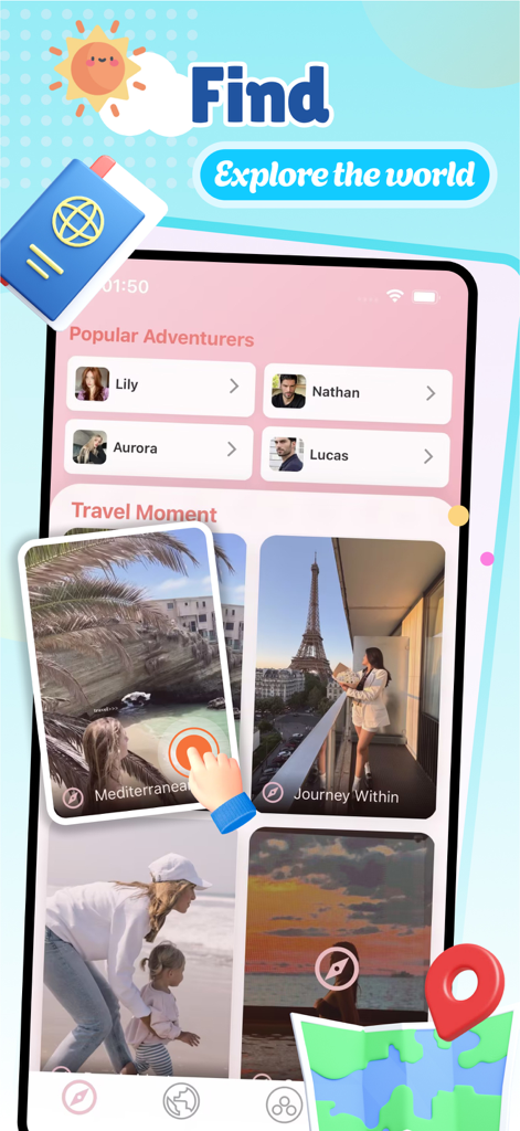The Travelmate app interface featuring popular travel adventurers and shared travel photos.