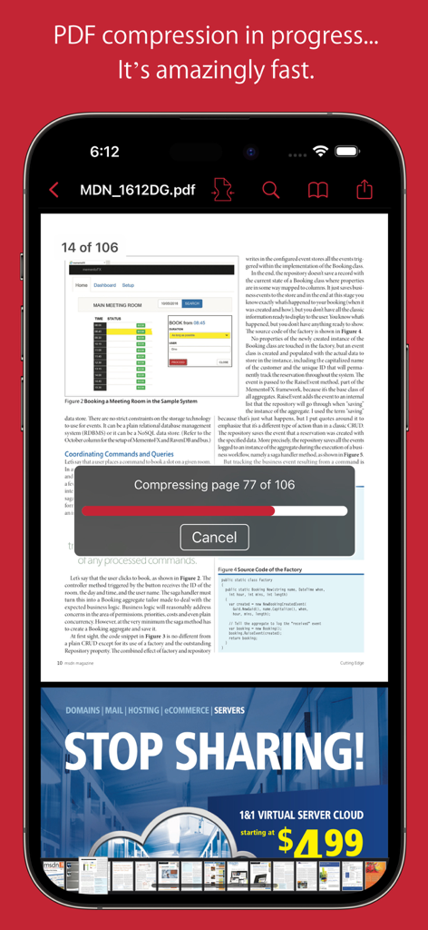 iPhoneで複数ページのドキュメントのリアルタイム圧縮進行状況バーを表示するPDFOptimアプリ