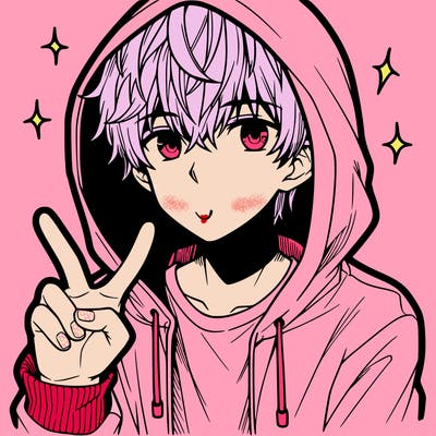 teenage manga boy in a hoodie, doing ✌
