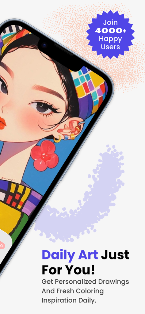 Drawee - Adult Colouring Book - Smartphone screen displaying a colorful digital portrait with text offering daily art inspiration