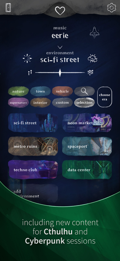 SoundTale app interface displaying sci-fi and cyberpunk environment selections for RPG sessions