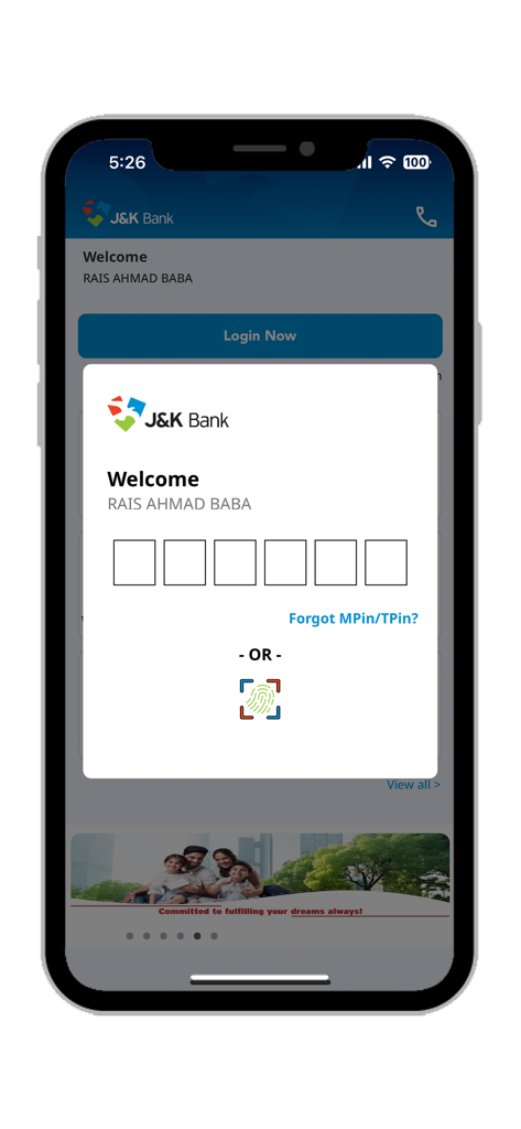 JKB mPay Delight+ - JKB mPay Delight login interface with MPIN and fingerprint security options
