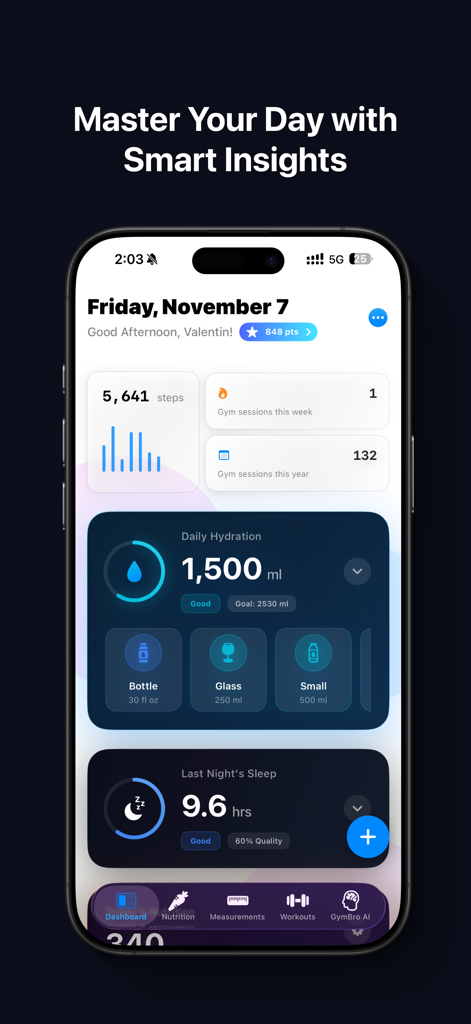 Tela de smartphone do painel do aplicativo GymBro mostrando rastreamento de fitness e insights diários