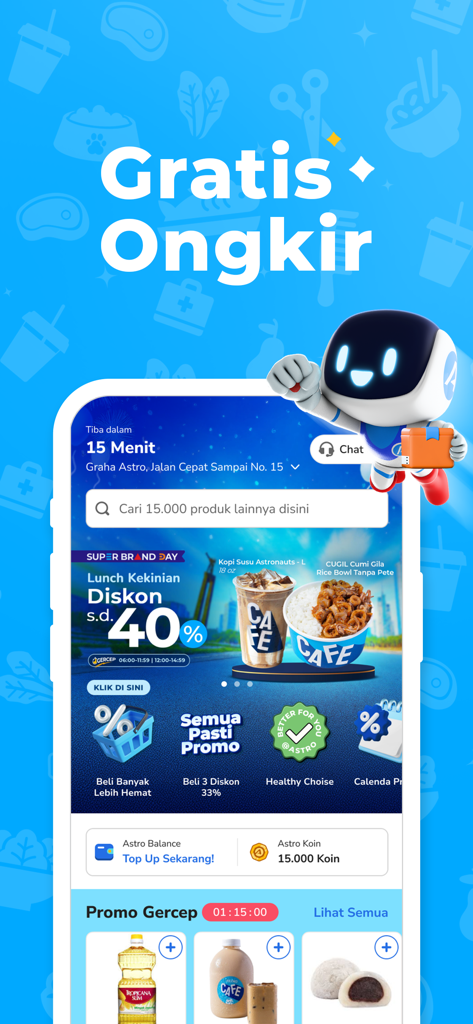 Pantalla de inicio de la aplicación de entrega de comestibles Astro que muestra envío gratuito y promoción de entrega en 15 minutos