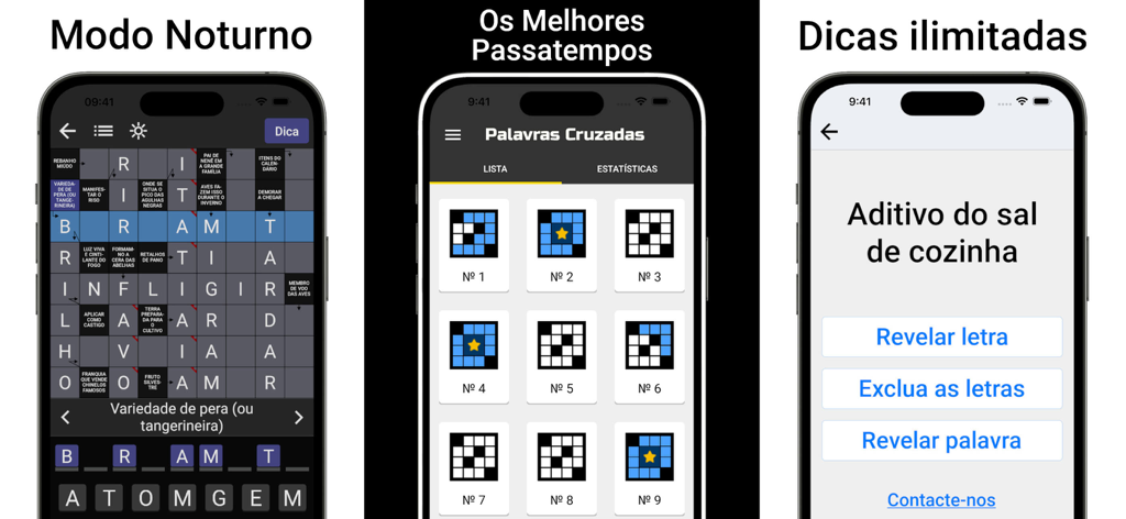 Palavras Cruzadas (Diretas) - Portuguese crossword app interface showing night mode gameplay level list and unlimited hints menu