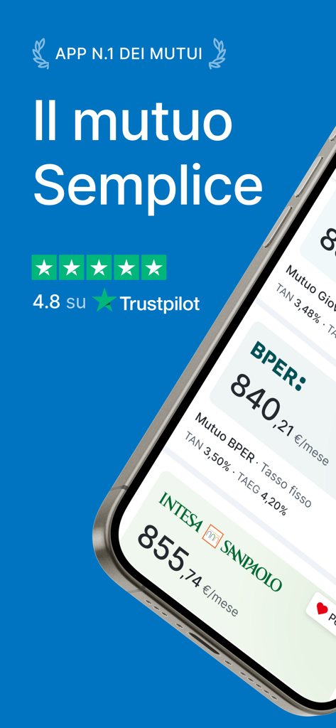 Smartphone screen showing mortgage loan comparisons from Italian banks like BPER and Intesa Sanpaolo in the Immobiliare.it Mutui app.