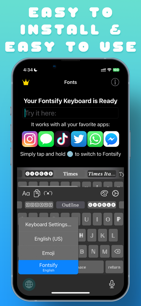 Custom Keyboard Fonts Fontsify - Una pantalla móvil que muestra el proceso de configuración del teclado Fontsify con varios estilos de fuente e íconos de aplicaciones de redes sociales