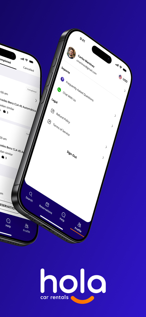 Hola Car Rentals - Hola Car Rentalsモバイルアプリのユーザープロファイルとサポートメニュー