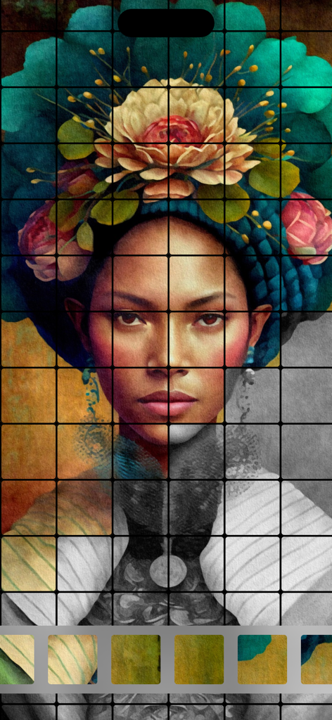 Fliese Puzzles: Tile Matching - Una captura de pantalla del juego Puzles Fliese que muestra un retrato artístico dibujado a mano de una mujer con un tocado floral siendo ensamblado en una cuadrícula.