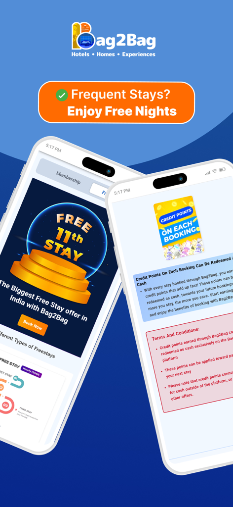 Bag2Bag 앱 인터페이스, 인도 호텔 예약에 대한 11번째 무료 숙박 혜택 및 크레딧 포인트 보상 강조