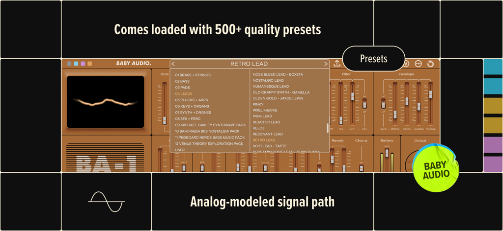 BA-1 - Baby Audio - BA-1 von Baby Audio Synthesizer-App-Oberfläche, die das Preset-Auswahlmenü mit Vintage-Retro-Lead-Sounds zeigt