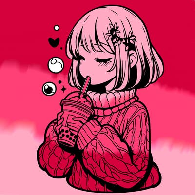 manga girl drinking boba in cozy sweater