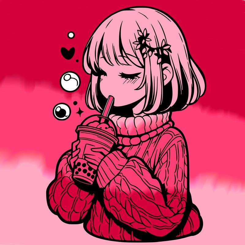 manga girl drinking boba in cozy sweater
