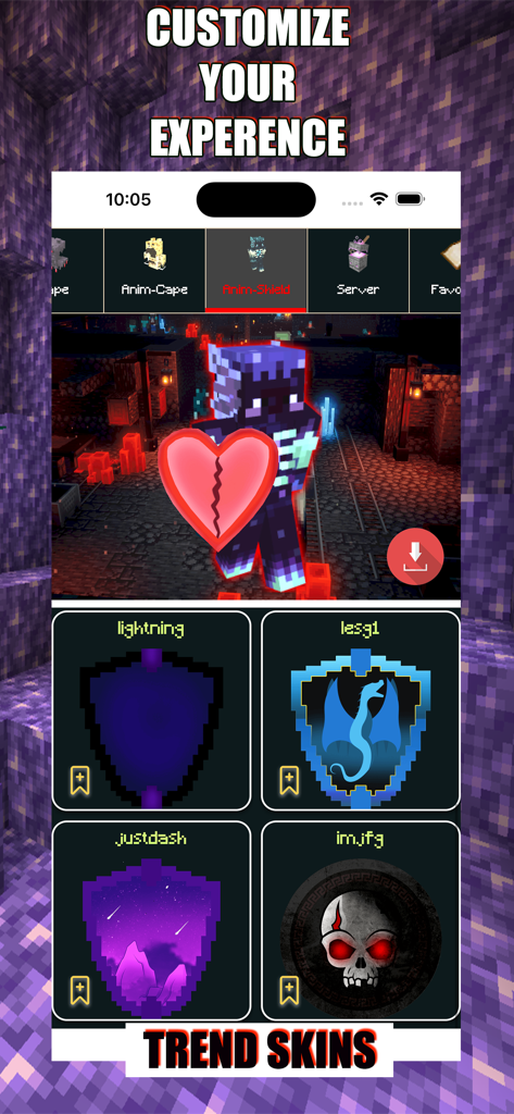 Pixelmon Addons - Minecraft PE - Mobile app interface showing trending Minecraft skins and custom shield designs