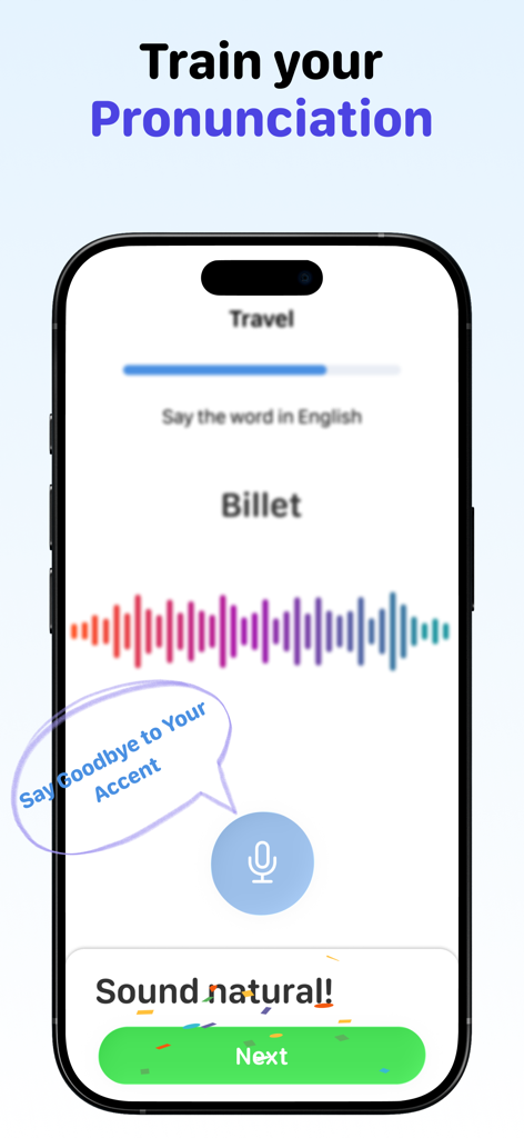 Learn English: Vocabulary - Pantalla de una aplicación móvil que muestra entrenamiento de pronunciación en inglés con una forma de onda de voz y un icono de micrófono.