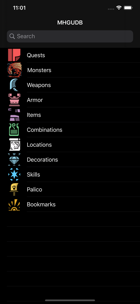 MHGU Database - MHGU Database app main menu showing game categories like monsters and weapons